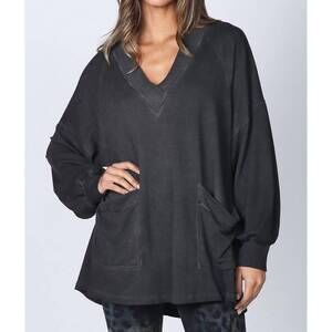 NEW M.RENA oil washed baby french terry v-neck tunic in caviar